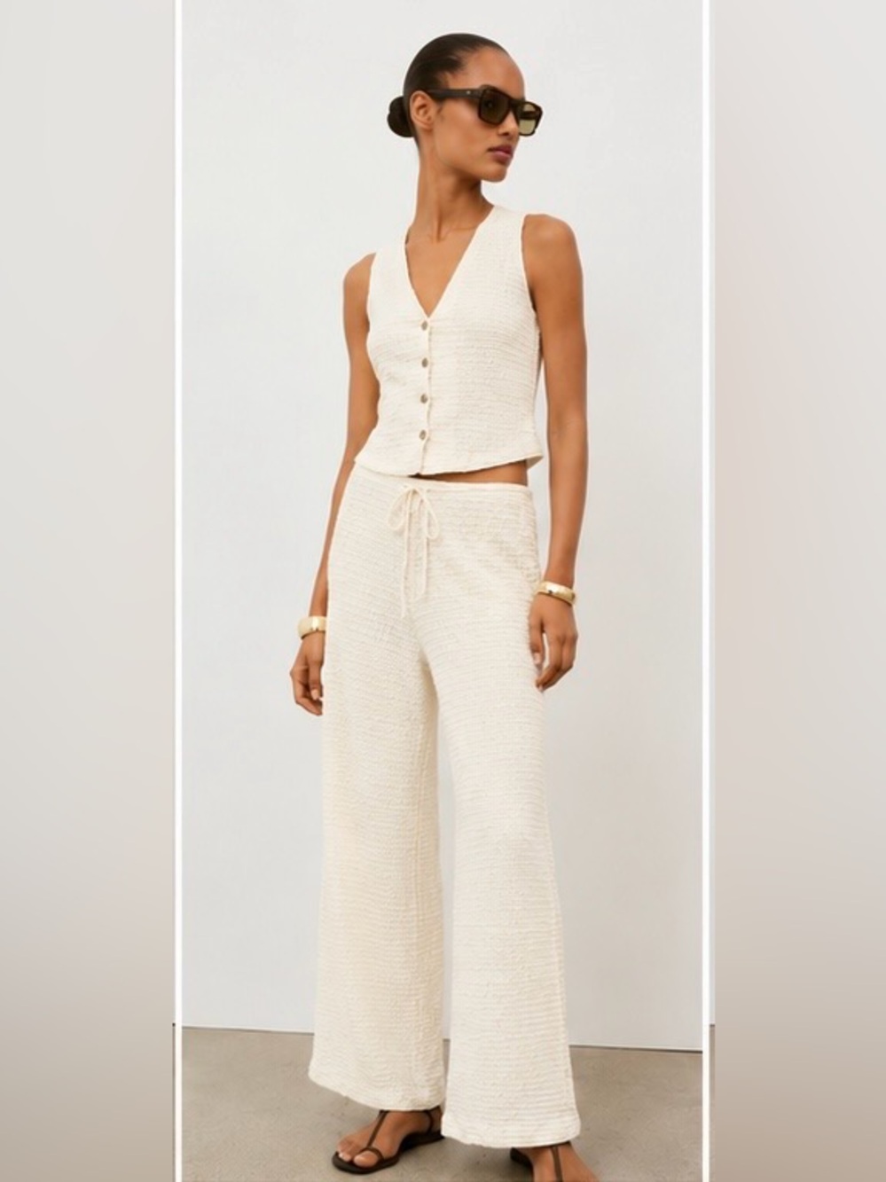 ZARA 2 Piece Set. Textured Cream Wide-Leg Pull-on Pants & Matching Vest - Picture 4 of 16